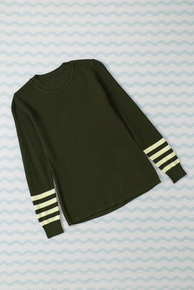 Green Striped Sleeve Plain Knit Sweater-Tops-MomFashion