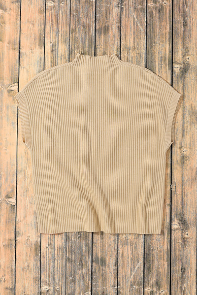 Oatmeal Patch Pocket Ribbed Knit Short Sleeve Sweater-Tops-MomFashion