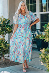 Green Wrap V Neck Floral Maxi Dress-Dresses-MomFashion