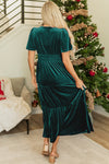 Evergreen Velvet Short Sleeve Shirred Waist Tiered Maxi Dress-Dresses/Maxi Dresses-MomFashion