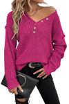 Rose Red Pointelle Knit Button V Neck Drop Shoulder Sweater-Tops-MomFashion