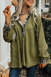 Green Flowy Plaid Accent Waffle Knit Henley Hoodie-Tops-MomFashion