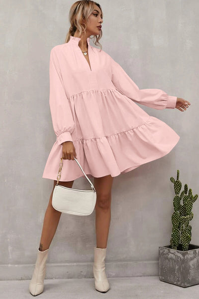 Pink Frilled Stand Collar Long Sleeve Ruffle Dress-Dresses-MomFashion