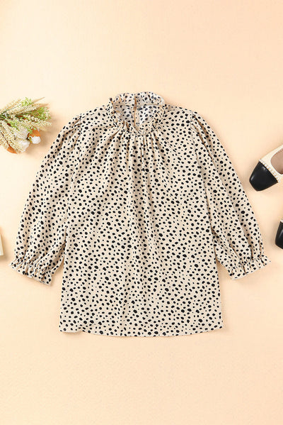 Khaki Frilled Neck 3/4 Sleeves Cheetah Blouse-Tops-MomFashion