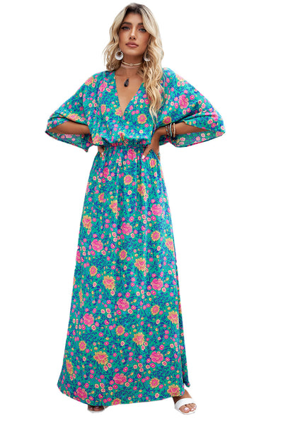 Green Boho Deep V Neck Floral Maxi Dress-Dresses-MomFashion