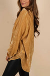 Gold Solid Color Button Up Loose Fit Velvet Shirt-Tops-MomFashion