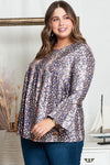 Purple Floral Print Round Neck Plus Size Babydoll Blouse-Plus Size-MomFashion