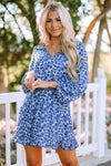 Blue Sky Blue/Blue/Apricot V Neck Lantern Sleeves Floral Tunic Dress-Dresses-MomFashion