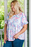 Purple Vibrant Botanical Print Frill Short Sleeve Plus Size Top-Plus Size-MomFashion