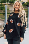 Black Sequin Rugby Graphic Pullover Sweatshirt-Tops-MomFashion