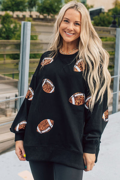 Black Sequin Rugby Graphic Pullover Sweatshirt-Tops-MomFashion