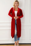 Fiery Red Velvet Open Front Pocketed Long Duster-Tops-MomFashion