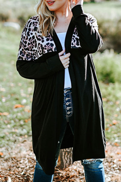 Black Leopard Detail Plus Size Cardigan-Plus Size-MomFashion