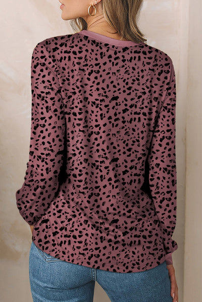 Animal Spotted Print Round Neck Long Sleeve Top-Tops-MomFashion