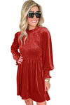 Red Clay Frilled Neck Smocked Bodice Velvet Dress-Dresses-MomFashion