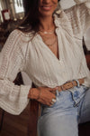 White V-Neck Long Sleeve Button Up Lace Shirt-Tops-MomFashion