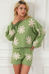 Green Flower Print Bubble Sleeve Knitted Sweater and Shorts Set-Loungewear-MomFashion