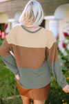 Green Stripe Textured Color Block Bubble Sleeve Baggy Top-Tops-MomFashion