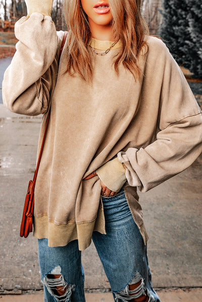 Khaki Drop Shoulder Ribbed Trim Oversized Sweatshirt-Tops-MomFashion