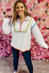 White Colorful Edge Quarter Zip Drop Shoulder Sweater-Tops-MomFashion