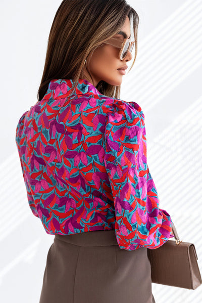 Multicolor Abstract Floral Button Up Long Puff Sleeve Shirt-Tops-MomFashion