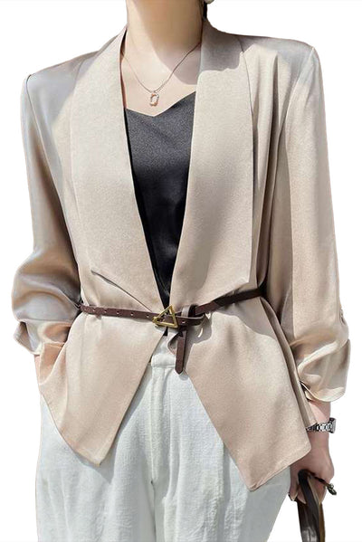 Apricot Solid Lapel Collar Satin Blazer-Outerwear-MomFashion