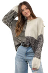 Black Neutral Colorblock Tie Back Sweater-Tops-MomFashion