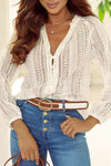 White V-Neck Long Sleeve Button Up Lace Shirt-Tops-MomFashion