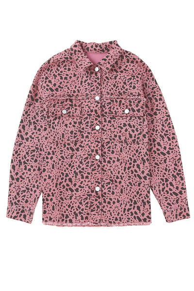 Pink Stars & Animal Spots Print Button Up Denim Shacket-Outerwear-MomFashion