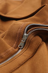 Brown Collared Asymmetric Ribbed Detail Motor Jacket-Outerwear-MomFashion