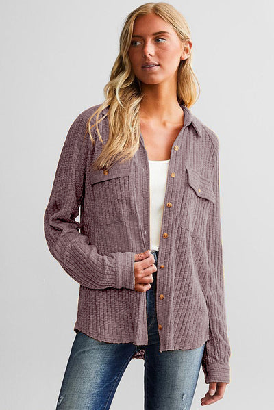 Purple Button Flap Pocket Ribbed Knit Shacket-Outerwear-MomFashion