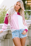 Pink Colorblock Exposed Seam Loose Sleeve Hoodie-Tops-MomFashion