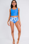 Blue Square Neck Sleeveless Fashion Print Tankini Set-Swimwear-MomFashion