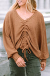 Brown V-Neck Drawstring Dolman Sleeve Waffle Knit Top-Tops-MomFashion