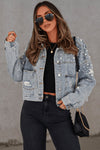 Sky Blue Distressed Pearls Star Cropped Denim Jacket-Outerwear-MomFashion