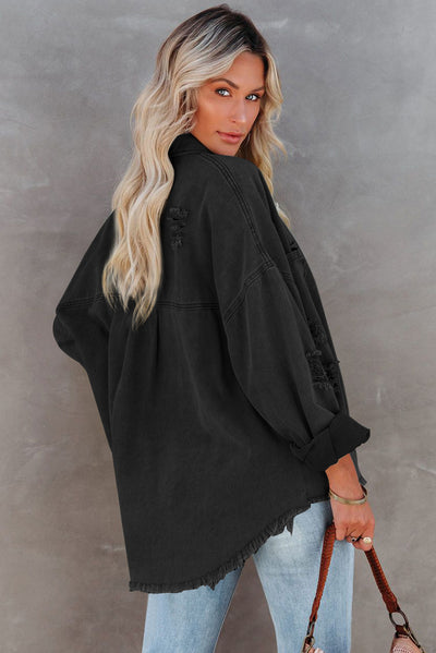 Black Distressed Fringe Trim Denim Jacket-Outerwear-MomFashion