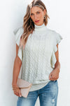 White Turtle Neck Short Sleeve Cable Knit Ruffled Sweater-Tops-MomFashion