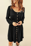 Black Button Up High Waist Long Sleeve Dress-Dresses-MomFashion