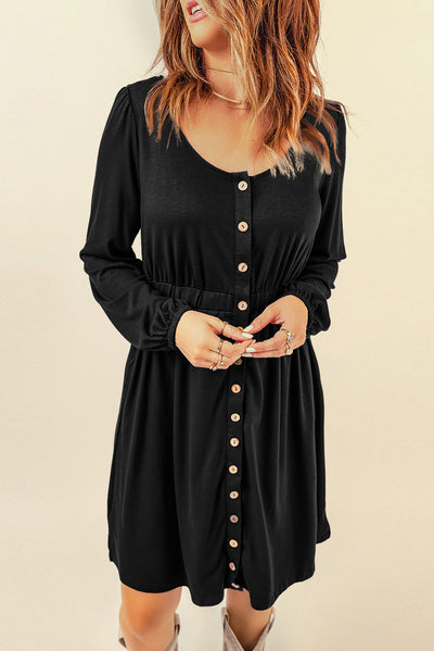 Black Button Up High Waist Long Sleeve Dress-Dresses-MomFashion