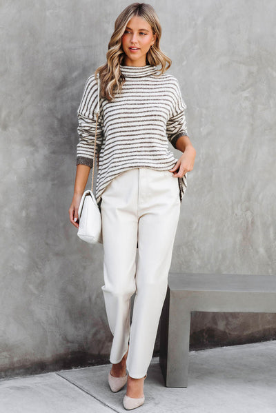 Khaki Striped Turtleneck Loose Sweater-Tops-MomFashion