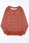 Red Striped Print Ribbed Trim Long Sleeve Top-Tops-MomFashion