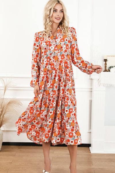 Multicolor Boho Floral Collared Long Sleeve Ruffled Dress-Dresses-MomFashion