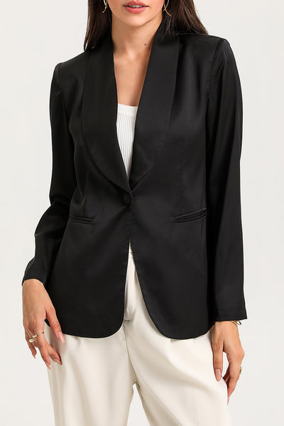 Black Collared Neck Single Breasted Blazer with Pockets-Outerwear-MomFashion