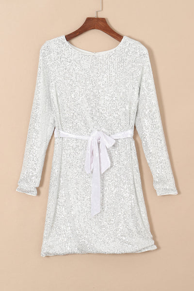 Silvery Sequin Long Sleeve Tie Waist Mini Dress-Dresses-MomFashion