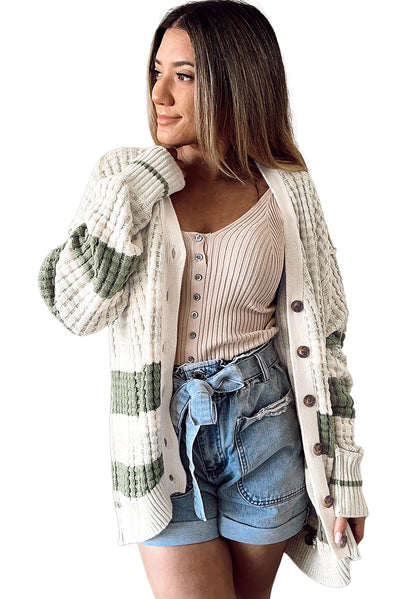 Green Colorblock Textured Knit Buttoned Cardigan-Tops-MomFashion