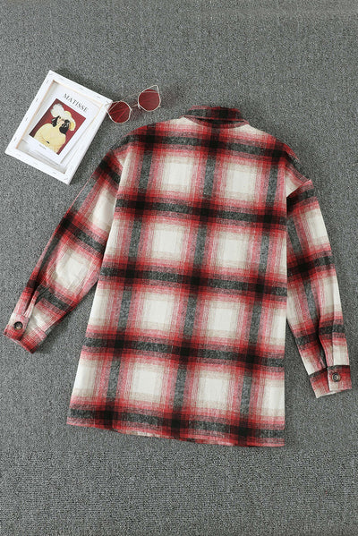 Red Turn down Neck Plaid Pocket Button Closure Coat-Outerwear-MomFashion