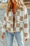 Brown Checked Snap Button Sherpa Jacket-Outerwear-MomFashion