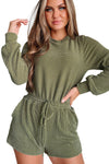 Jungle Green Corded Pullover Long Sleeve Drawstring Romper-Bottoms-MomFashion