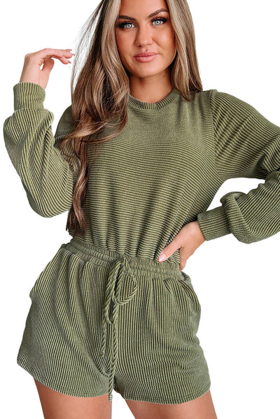 Jungle Green Corded Pullover Long Sleeve Drawstring Romper-Bottoms-MomFashion