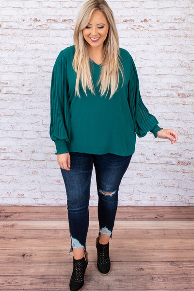 Green Pleated Bubble Sleeve Plus Size Blouse-Plus Size-MomFashion